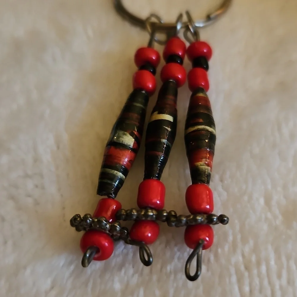 3/$30 Red African Paper Beaded Keychain